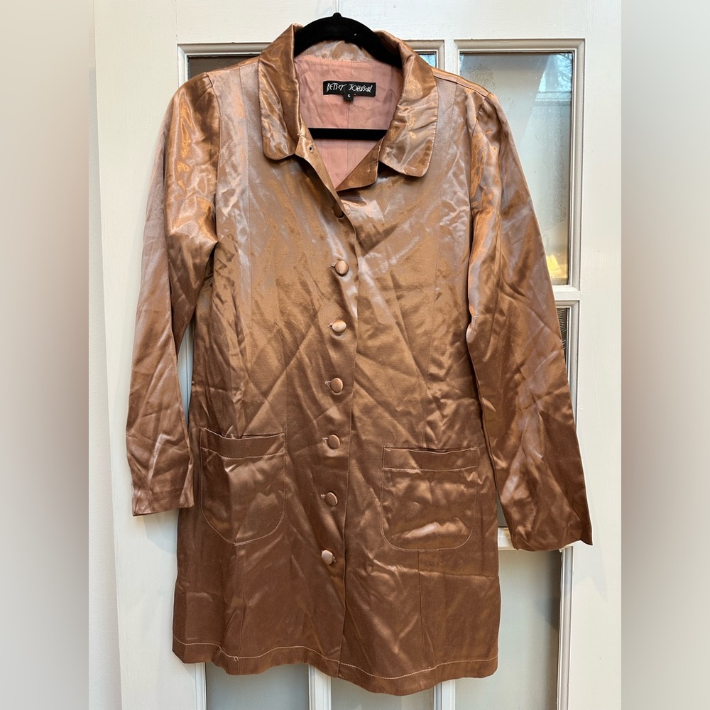 Vintage Betsey Johnson Rose Gold Copper Shiny Silky Button Down Dress Size 6 S